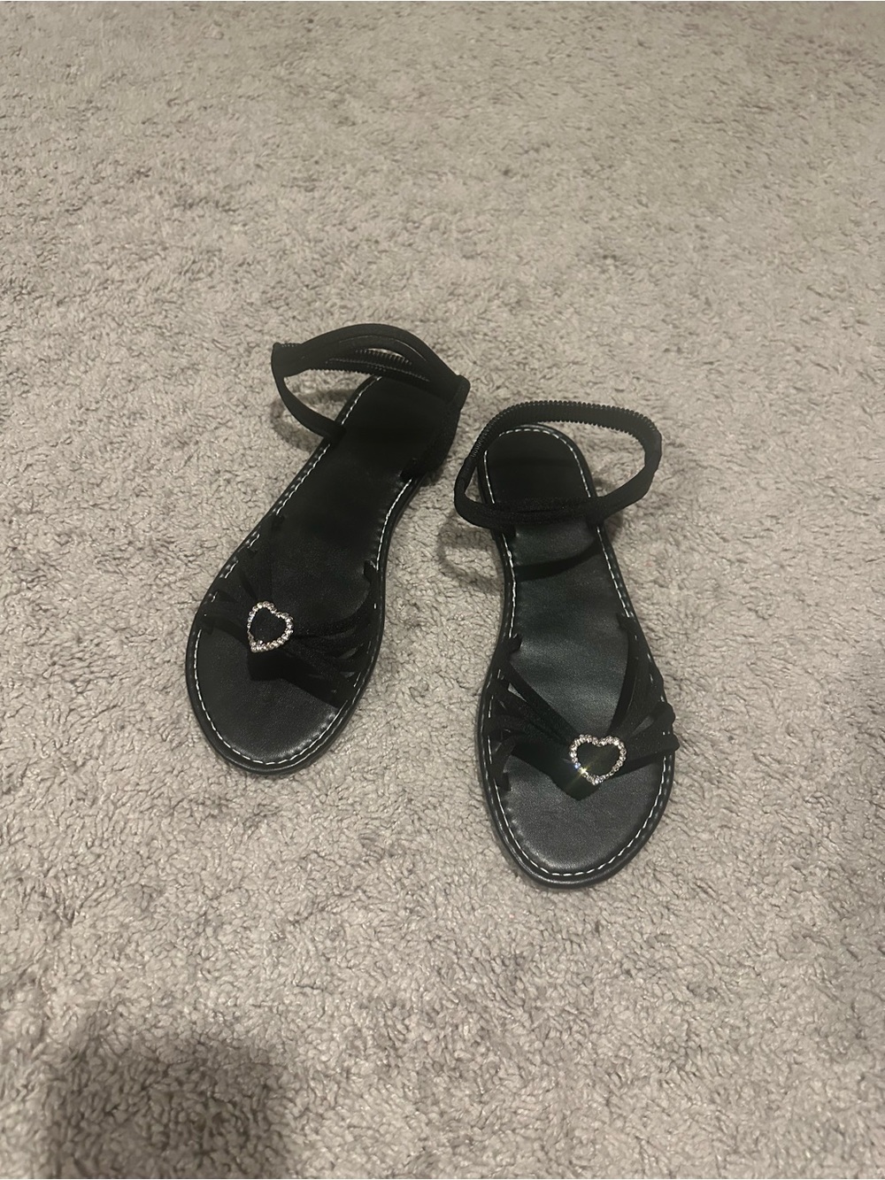 SHEIN Black Rhinestone Heart Ankle-Strap Sandals
